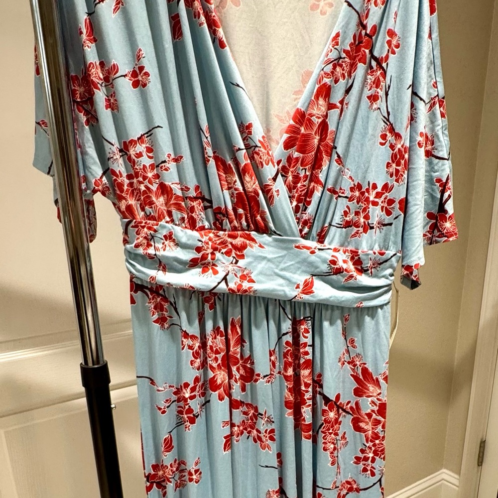 Floral Midi Dress in Blue and Red cherry blossom print - Picture 4 of 4